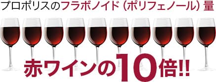 プロポリスのフラボノイド（ポリフェノール量）：赤ワインの10倍!!